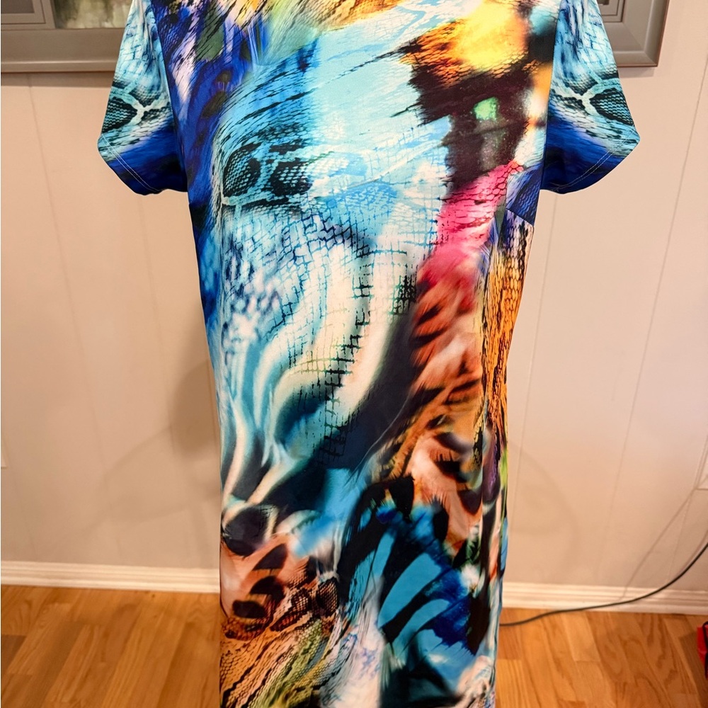 Abstract Blue Multicolor Midi Shift Dress